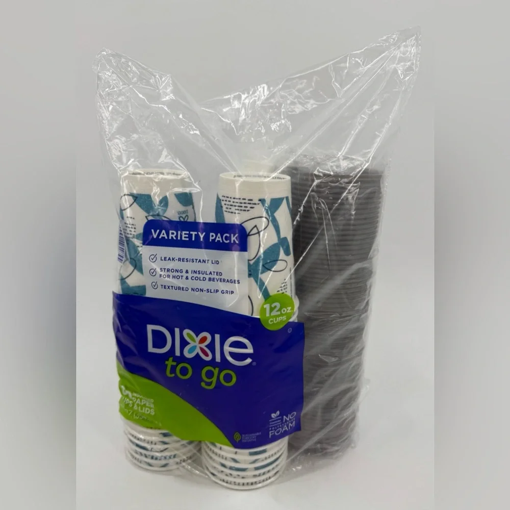 Dixie To Go Paper Cups w/ Lids 12Fluid Ounce 60 Count Insulated Non-Slip New NIP